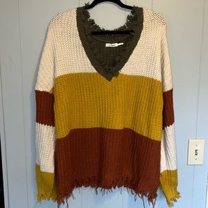 Oversized Color Block Raw Edge Sweater